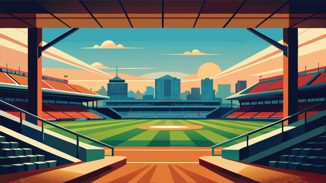 Baseball stadium view from the stands at sunset with baseball field stadium seats stadium infrastructure stadium design stadium background stadium vector stadium illustration stadium seating
