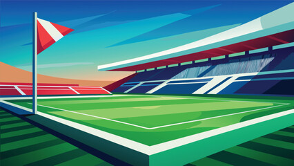 Professional football stadium soccer field with corner flag under clear blue sky background football competition outdoors perspective illustration architecture professional markings © MAX