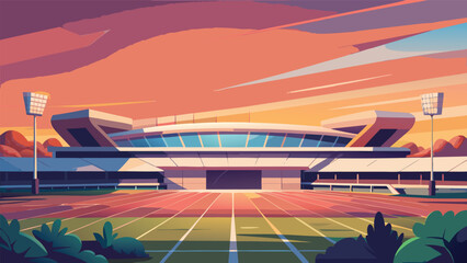 Modern stadium arena exterior under sunset sky perspective view from the field level stadium lights stadium background architecture building exterior bleachers floodlights professional © MAX