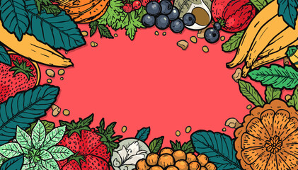 Vibrant hand-drawn illustration of a colorful fruit and berry border with scattered nuts and leaves surrounding a central red background, perfect for healthy food themes. © dilla