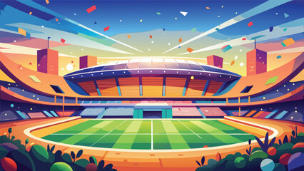 Grand sports arena filled with orange seats at sunset with cheering atmosphere stadium background golden hour field level grass field bleachers atmosphere celebration competition tournament © MAX
