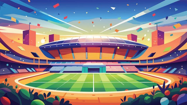 Grand sports arena filled with orange seats at sunset with cheering atmosphere stadium background golden hour field level grass field bleachers atmosphere celebration competition tournament