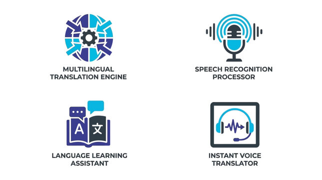 Linguistic technology and AI translation engine icons.