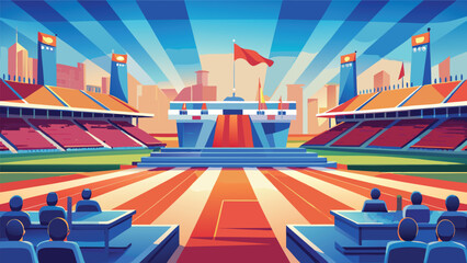 Sport stadium with grandstands and crowd at ceremony under bright sun in flat vector art ceremony grandstand illustration competition stadiums audience spectators architecture creative © MAX