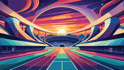 Stadium bowl with running track under cosmic sky in creative flat vector illustration architecture illustration competition athletic building structure colorful creative perspective backdrop © MAX
