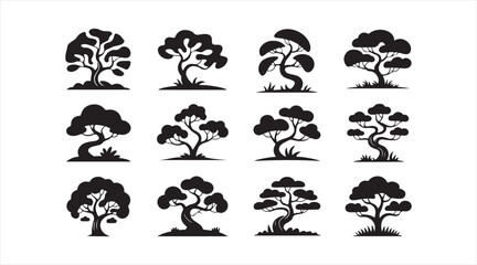 Obraz premium Minimal Tree Icon Collection Featuring Natural Forest and Botanical Silhouettes in Modern Flat Vector Style