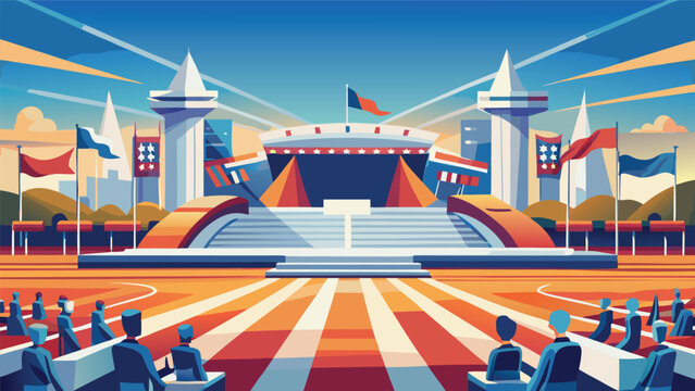 Outdoor stadium architecture with towers and colorful flags in stylized vector graphic architecture building structure illustration ceremony exterior colorful creative perspective background