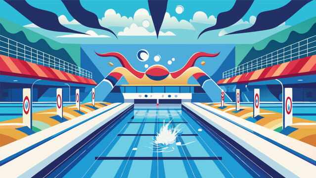 Professional swimming pool stadium with racing lanes in flat vector illustration style swimming illustration competition facility architecture structure exercise training colorful creative