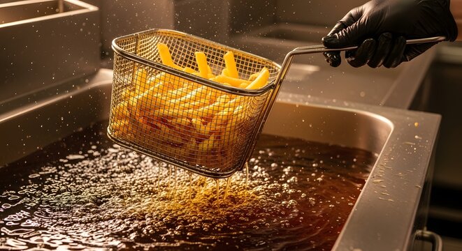 Hand lifting fryer basket with french fries