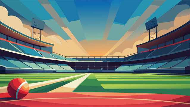 Empty cricket stadium field with ball competition tournament professional bleachers athletic training exercise perspective illustration background facility performance cricketer sunlight