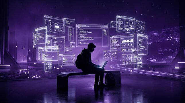 Silhouette of a software developer working on a laptop surrounded by floating virtual digital interfaces and hologram data screens in a futuristic purple cyberpunk environment