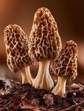 Morel Mushrooms Growing Naturally in Forest