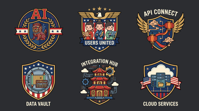 Retro vintage gaming and technology badge collection featuring esports team logo crests and integration hub icons.