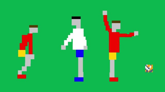 Pixel art style animation of three volleyball players in different poses on a green background, art, vintage, game, pixelated.