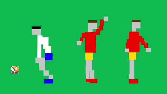 Pixel art style animation of three volleyball players in different poses on a green background, art, game, pixelated.