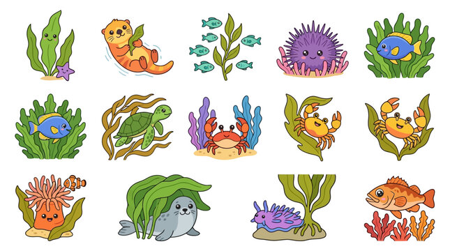 Colorful ocean creatures and plants.