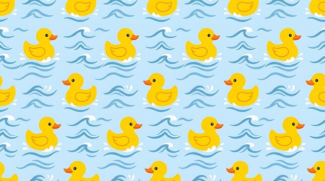 Seamless pattern with yellow rubber ducks on blue water waves