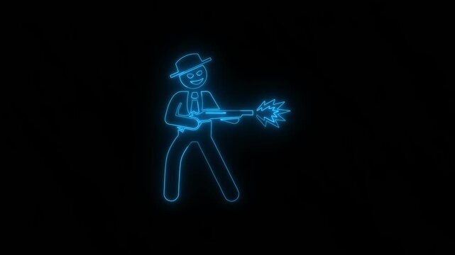 Glowing Aqua Neon Armed Robber Icon Animation on Black Background Crime Warning Security Concept Motion Graphics