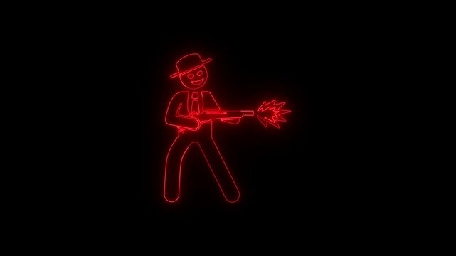 Glowing Red Neon Armed Robber Icon Animation on Black Background Crime Warning Security Concept Motion Graphics