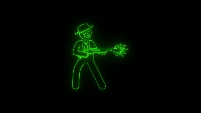 Glowing Green Neon Armed Robber Icon Animation on Black Background Crime Warning Security Concept Motion Graphics
