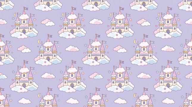Cute magical castle seamless pattern with clouds and stars