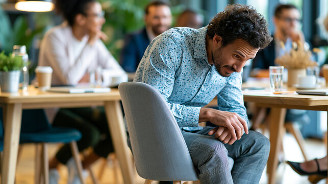 Nervous new employee surprised in a corporate office as a child sized chair prank is placed before a formal meeting while coworkers try not to laugh