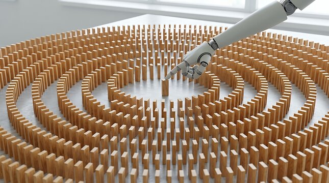 Automated mechanical digit initiates a chain sequence by tipping the initial unit in an extensive arrangement of standing blocks.3d computer-generated visualization featuring a pale mechanical hand