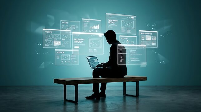 Silhouette of a professional UI UX designer working on a laptop surrounded by floating digital interface screens and web design wireframes in a futuristic teal studio workspace background