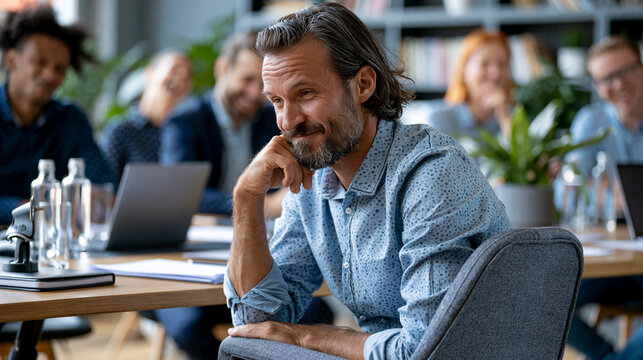 Nervous new employee finds a child sized chair at his desk during a formal meeting as coworkers try not to laugh in a harmless office prank