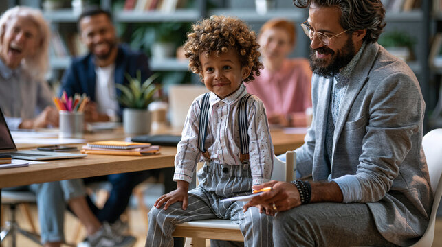 Nervous employee discovers a child sized chair prank at his assigned seat in the office before a formal meeting while coworkers hold back laughter