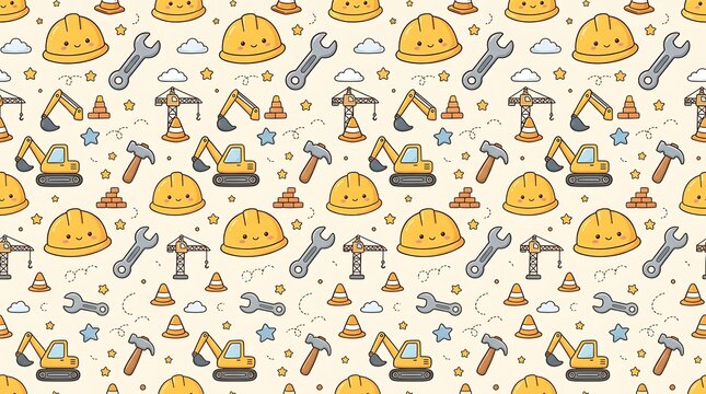 Seamless pattern with cute construction vehicles and tools for kids