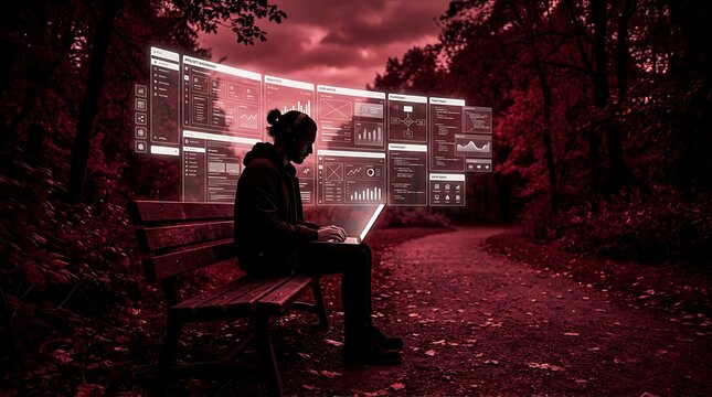 A man sitting on a park bench at night using a laptop with futuristic holographic data screens floating in front of him representing advanced software development and cybersecurity