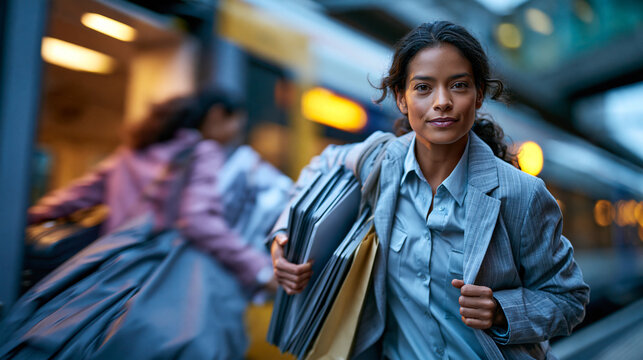 Woman employee holding train doors as delayed colleague carries presentation models and garment bags, urgent business travel teamwork in a station, dynamic photorealistic