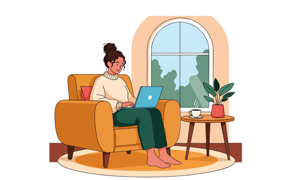 Woman sitting barefoot on armchair using laptop near window with coffee and plant on side table