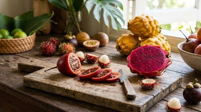 Exotic tropical fruits arrangement with a sliced red tamarillo on a rustic wooden cutting board near half a dragon fruit and whole yellow pitaya background fruit exotic tropical tamarillo