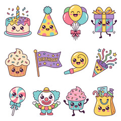 Naklejka premium Birthday Party Cartoon Icons.