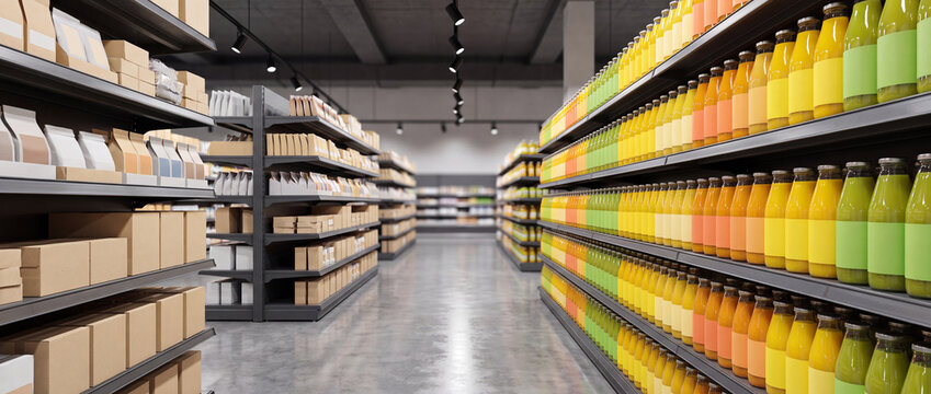 Supermarket aisle with stocked grocery shelves featuring organized rows of colorful bottled juices and packaged goods under bright overhead lights, perfect for retail and food industry marketing