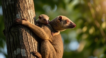 Fototapeta premium Lemur climbing tree trunk with baby on back