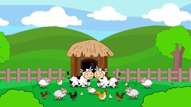 Cartoon style animation of a cow on a farm with sheep and chickens, day, art, drawing, 2D.