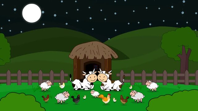 Cartoon style animation of a cow on a farm with sheep and chickens at night, art, drawing, 2D.