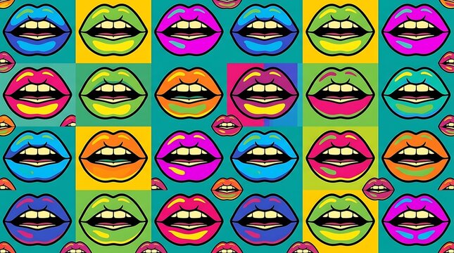 Pop art lips pattern in a vibrant multi colored grid