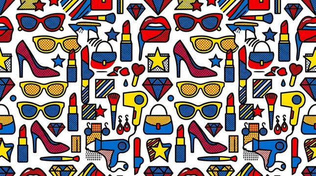 Pop art fashion pattern with beauty accessories and cosmetics