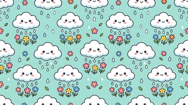 Kawaii smiling clouds raining on spring flowers seamless pattern