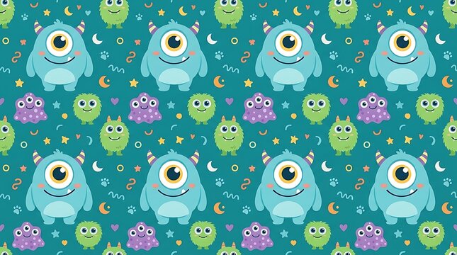 Cute cartoon monster seamless pattern with colorful characters