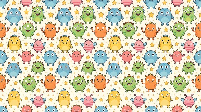 Playful pattern of friendly monsters and bright yellow stars