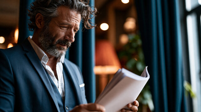Senior manager on stage discovering mixed speech pages with a restaurant menu right before his presentation, controlled panic behind the event
