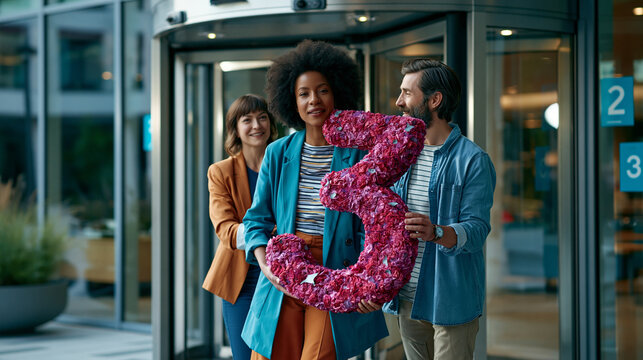 Three coworkers carry a giant decorative number through a revolving office door before a company anniversary event, awkward candid workplace coordination, photorealistic
