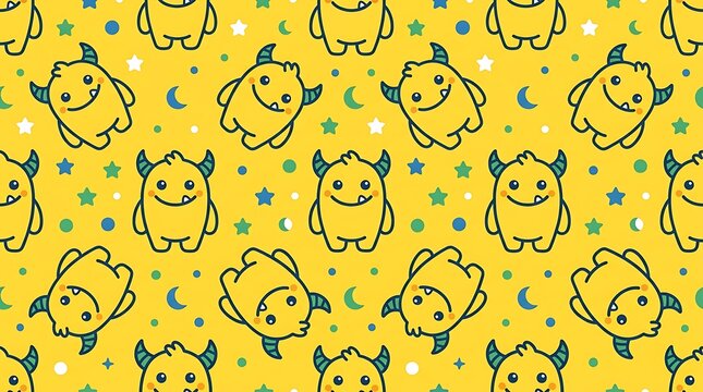 Seamless pattern with cute cartoon monsters on yellow background