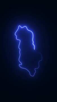 Albania map outline neon light animation, glowing blue country border motion