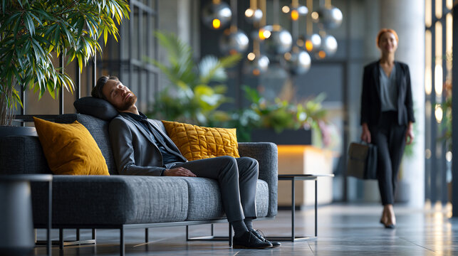 Female employee arriving early finds strict manager sleeping upright on a reception sofa after overnight negotiations in a corporate office vulnerable moment